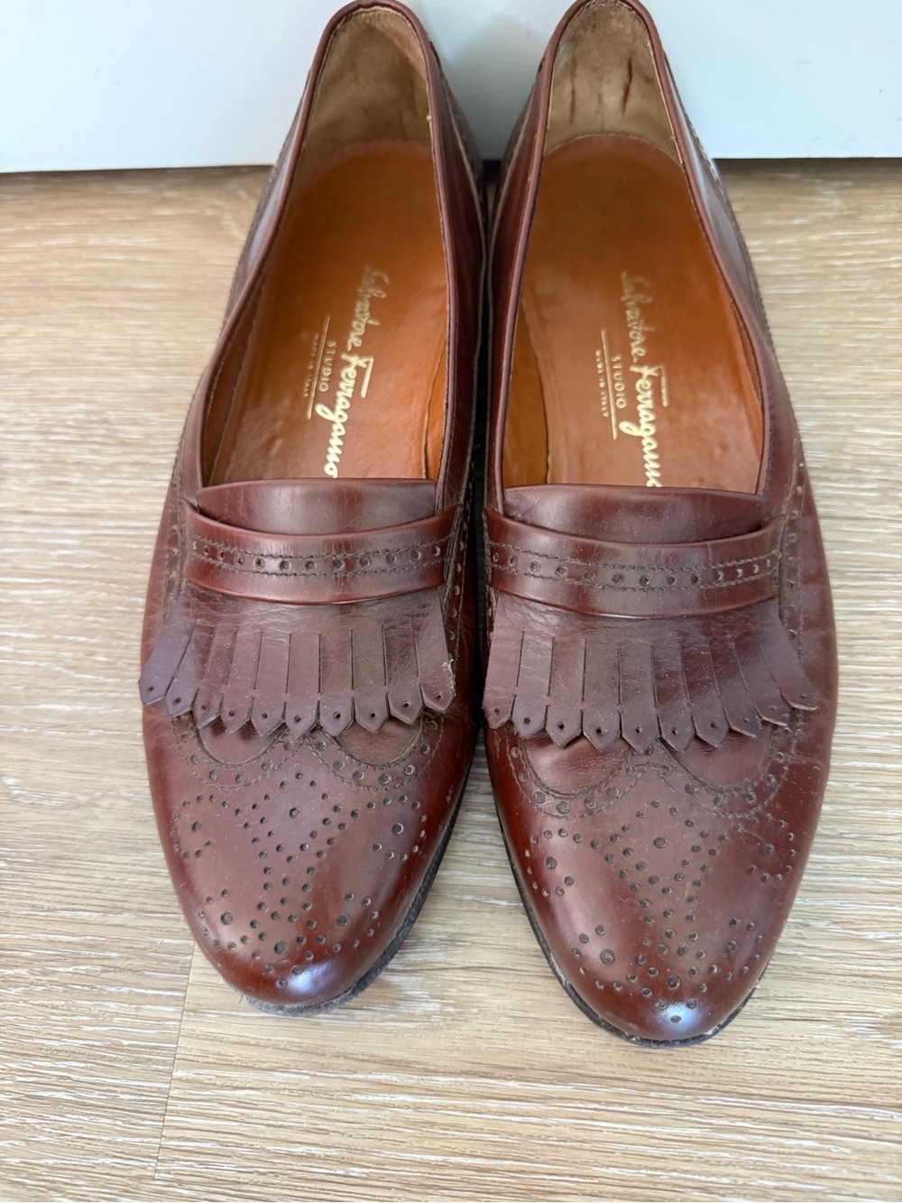 Salvatore Ferragamo Chestnut Brown Leather Kiltie Penny Loafers
